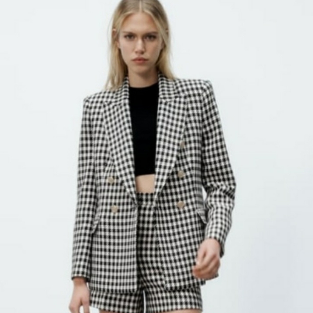 Zara Double Breasted Houndstooth Blazer